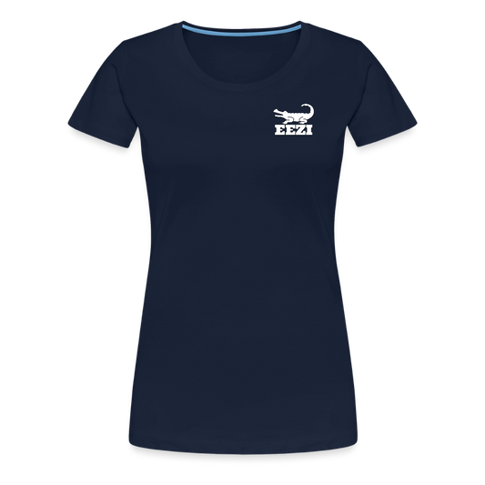 EEZI Women’s Premium T-Shirt - White CHEST Logo - navy