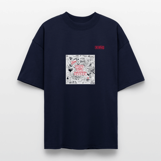 Blue oversized unisex organic T-shirt with 'Beat the System' graphic design.