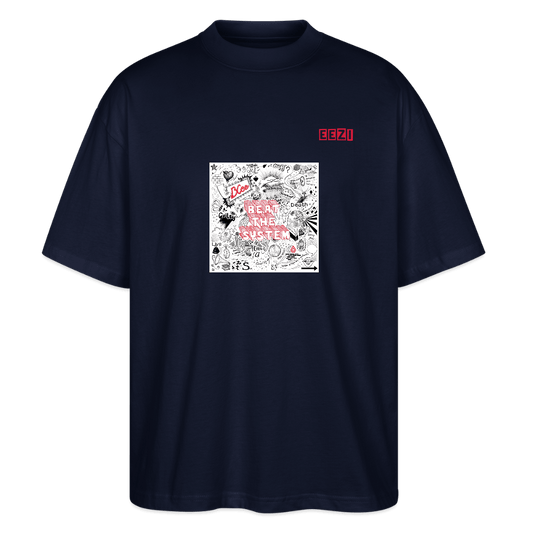 Stanley/Stella oversized unisex organic t-shirt in navy with 'Beat the System' graphic design.